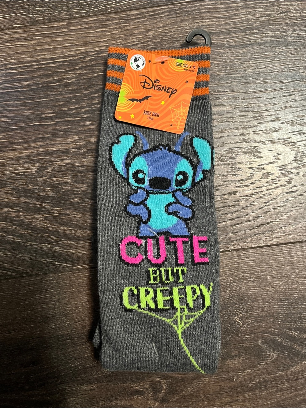 Disney Gray Knee-High Socks with Blue Stitch and Neon Text